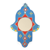 Moroccan painted wooden mirror in the shape of a hand, 1970s