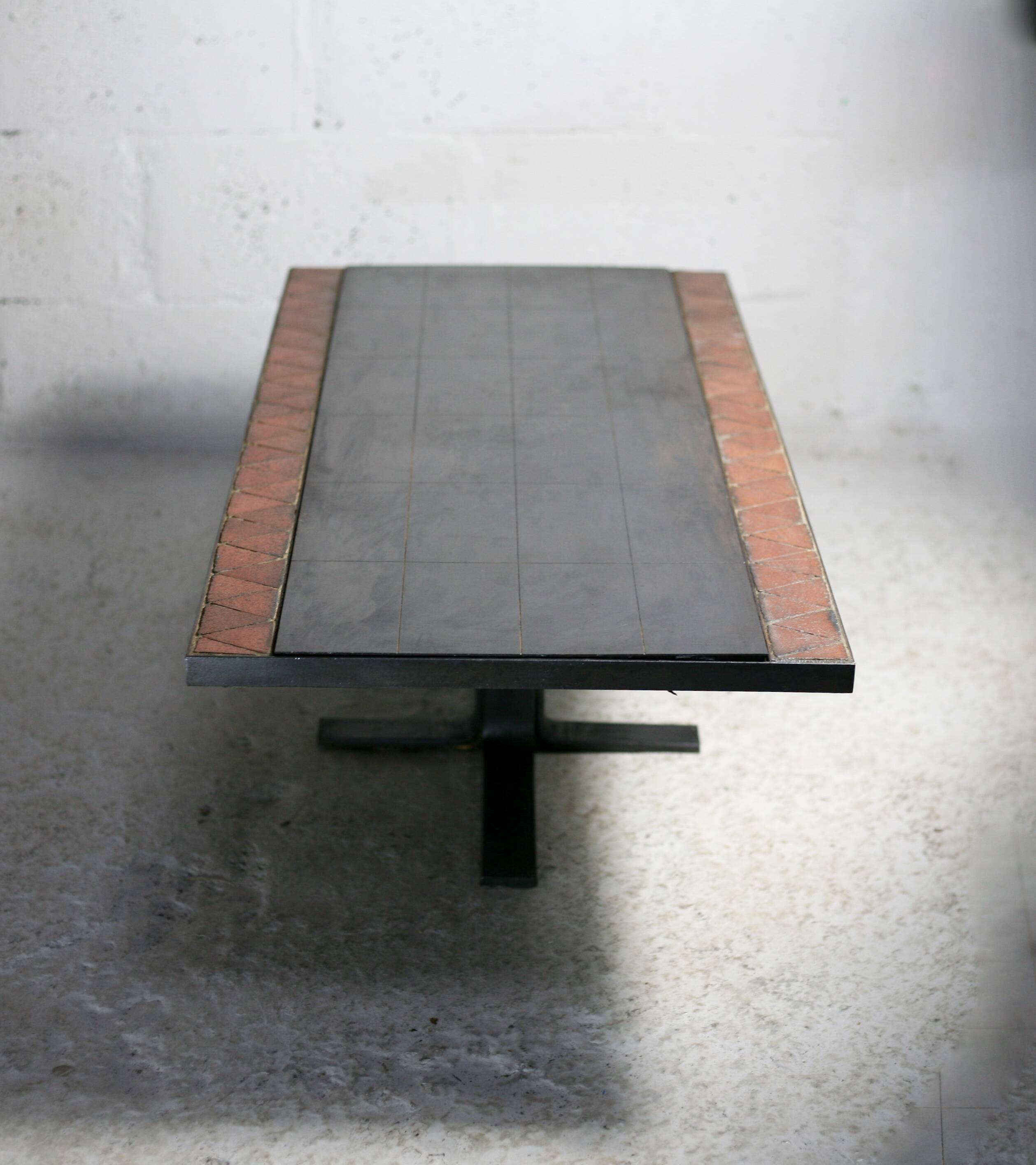 Coffee table, ceramic and steel plates, circa 1960.