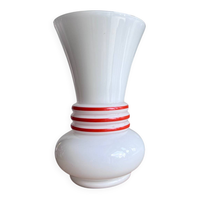 Vase vintage en opaline blanche à filets rouges 29 cm White Opaline Va