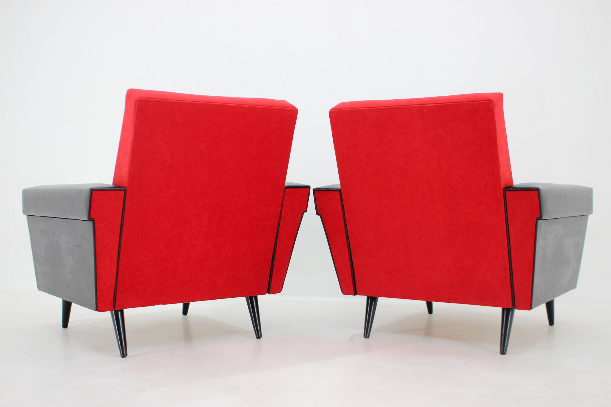 1970's pair of leatherette and red fabric armchairs, Czechoslovakia