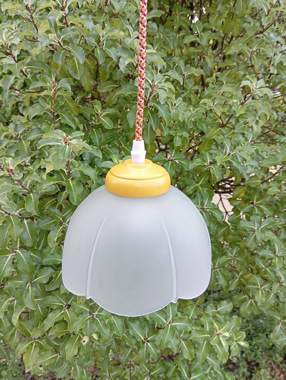 Vintage white frosted corolla glass pendant light, orange pixel cord