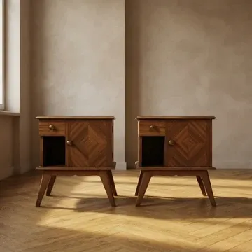 Pair of vintage mid-century modern wooden bedside tables / nightstands, 60 × 54 × 30 cm
