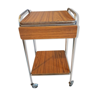 Brown vintage formica table with drawer on wheels