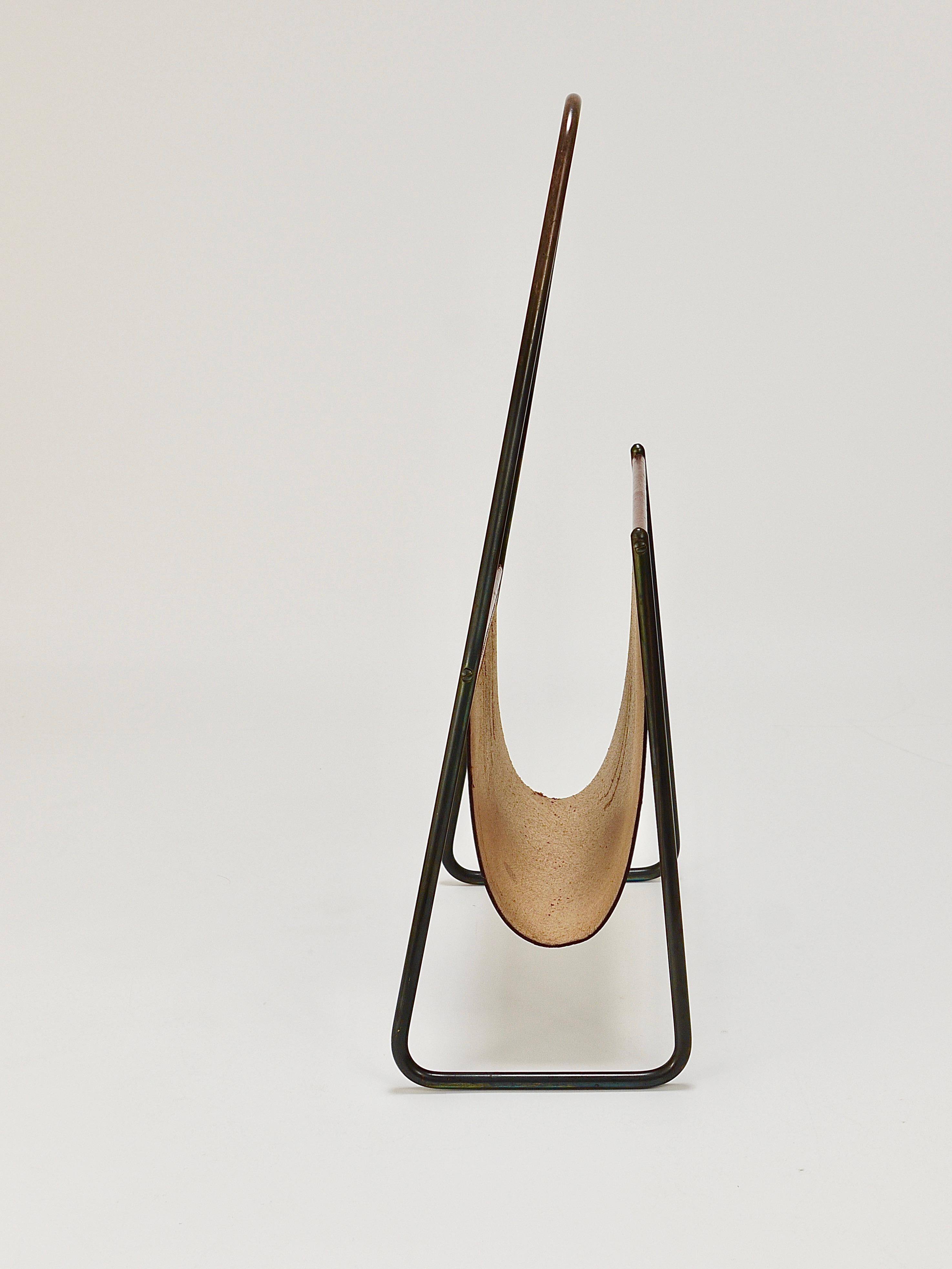 Carl Auböck II Magazine rack Midcentury, brass and brown leather, vintage, Austria