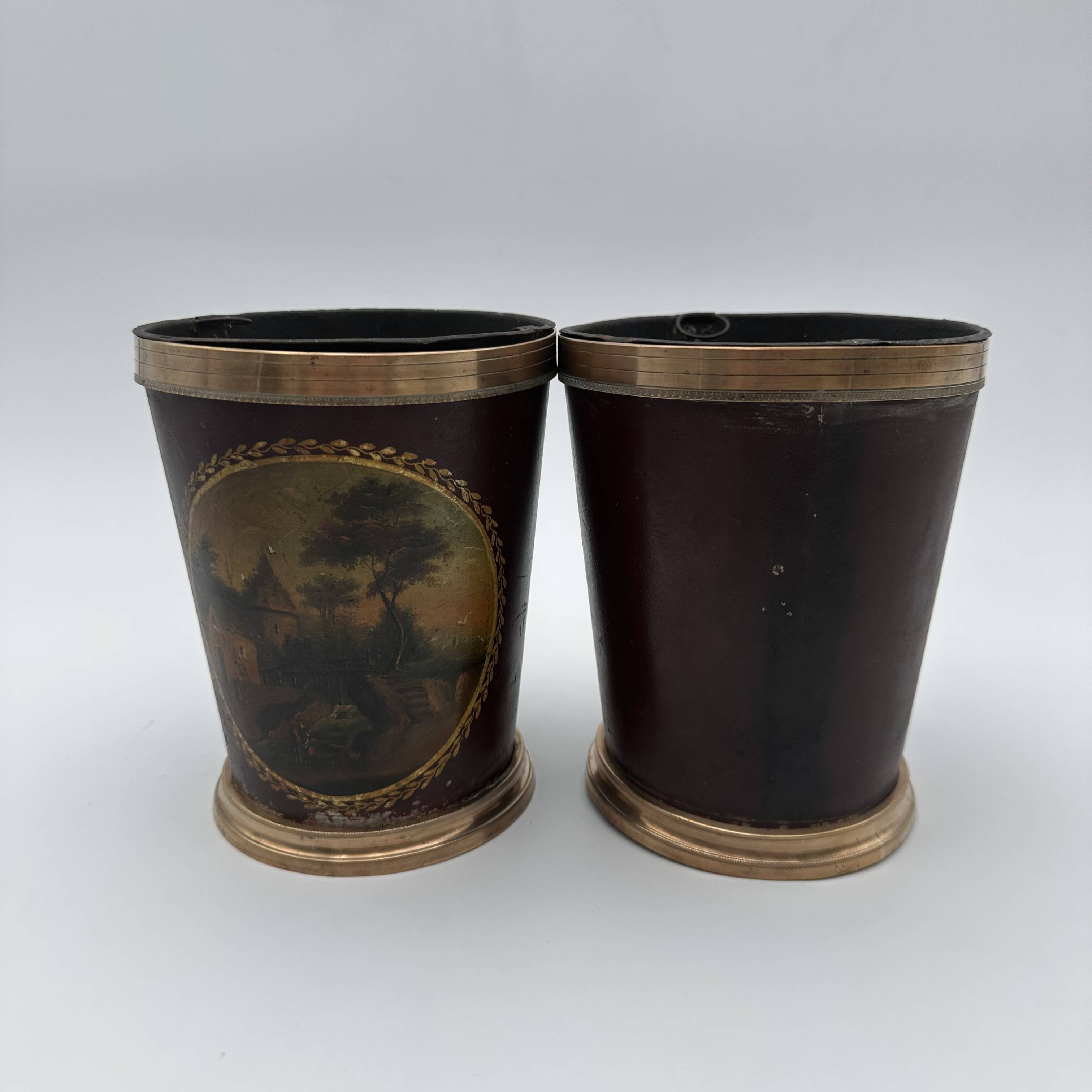 Pair of Painted Tin and Brass Planters, Decorated with Bucolic Landscapes,