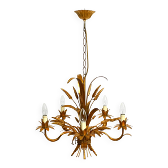Beautiful 1970s gold-plated 5-arm tall metal chandelier by Hans Kögl
