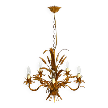 Beautiful 1970s gold-plated 5-arm tall metal chandelier by Hans Kögl