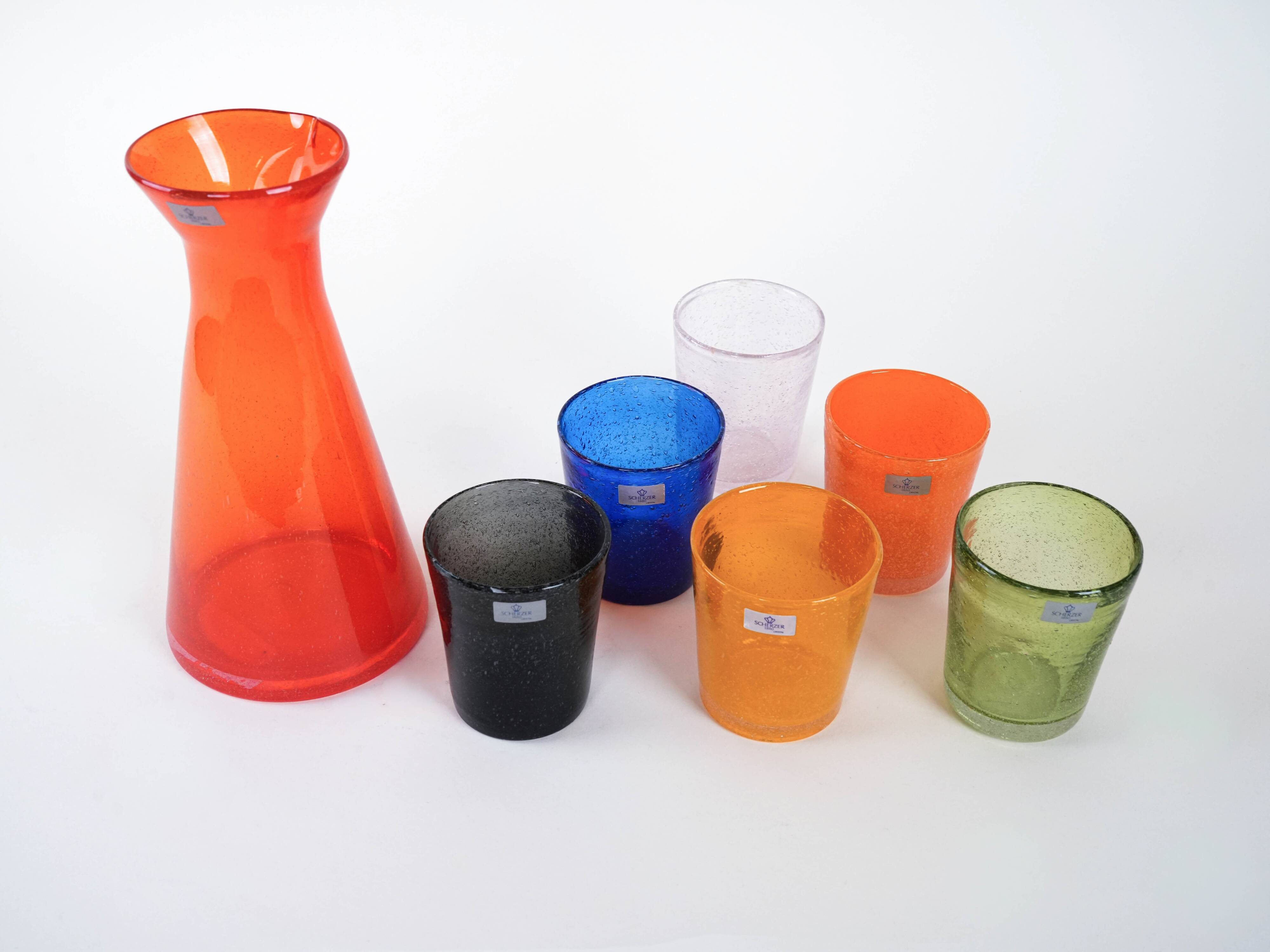 Colourful set of glasses and carafe, Scherzer Bavaria, 1980s, made in Germa