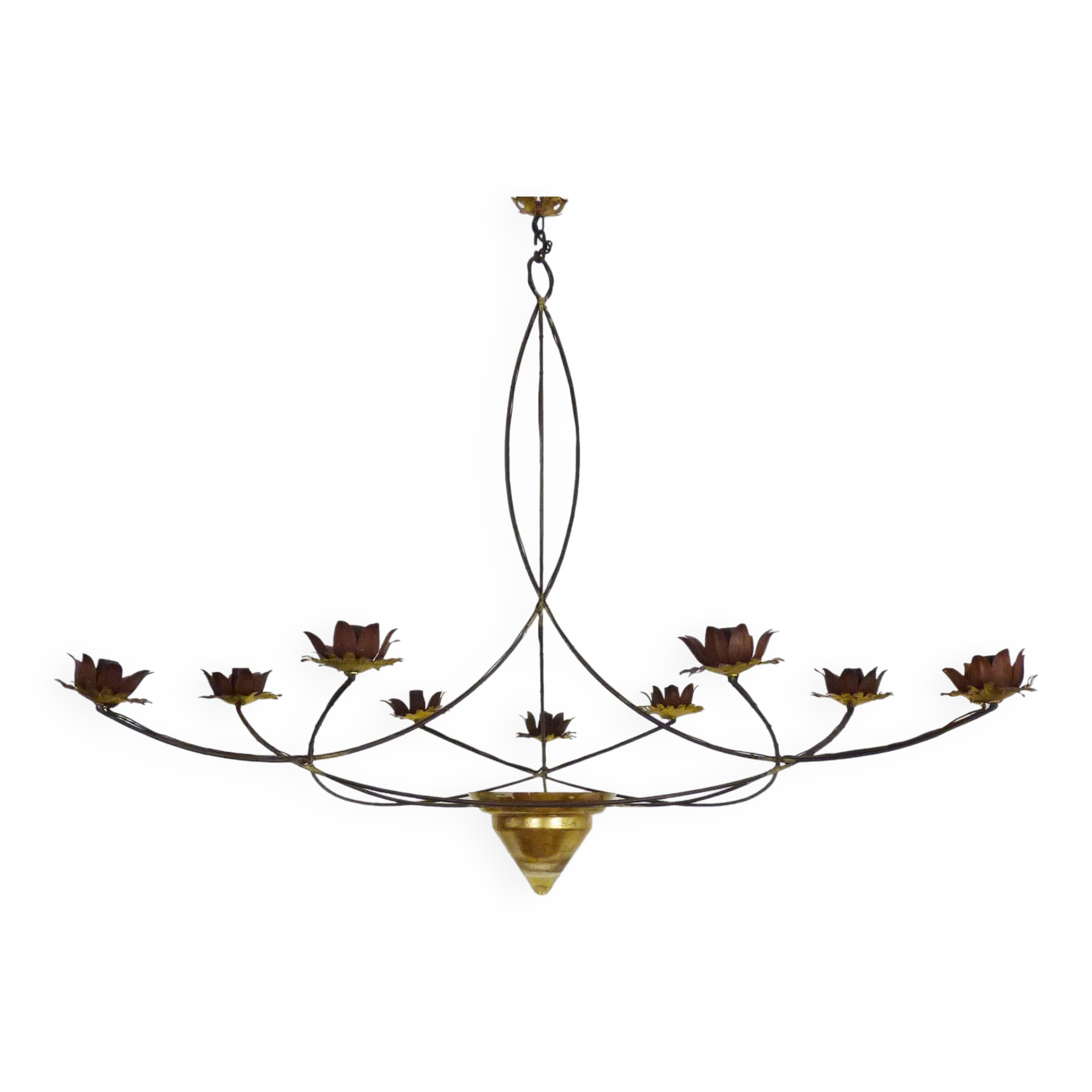 Very large chandelier with 9 metal bulbs and gold leaf cup