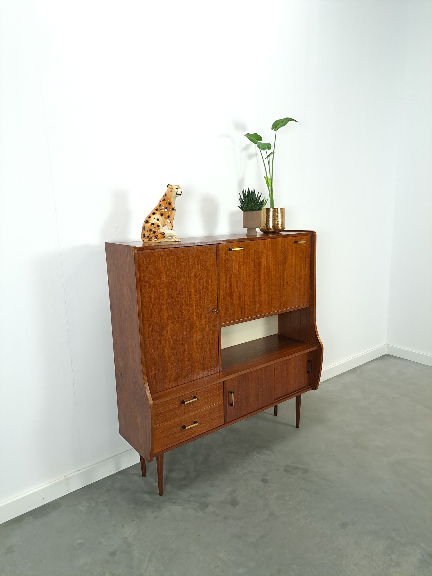 Teak veneer wall cabinet with flap, bar cabinet vintage