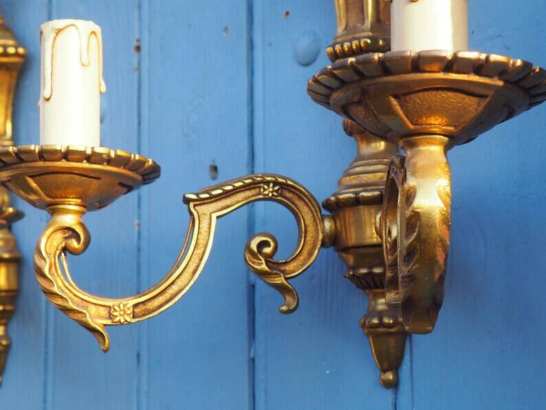 French Bronze Wall Sconces: Pair of 2-Branch Lights, C1950s