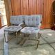 Set of 4 vintage 1970s dining chairs in gold brass and grey fabric.