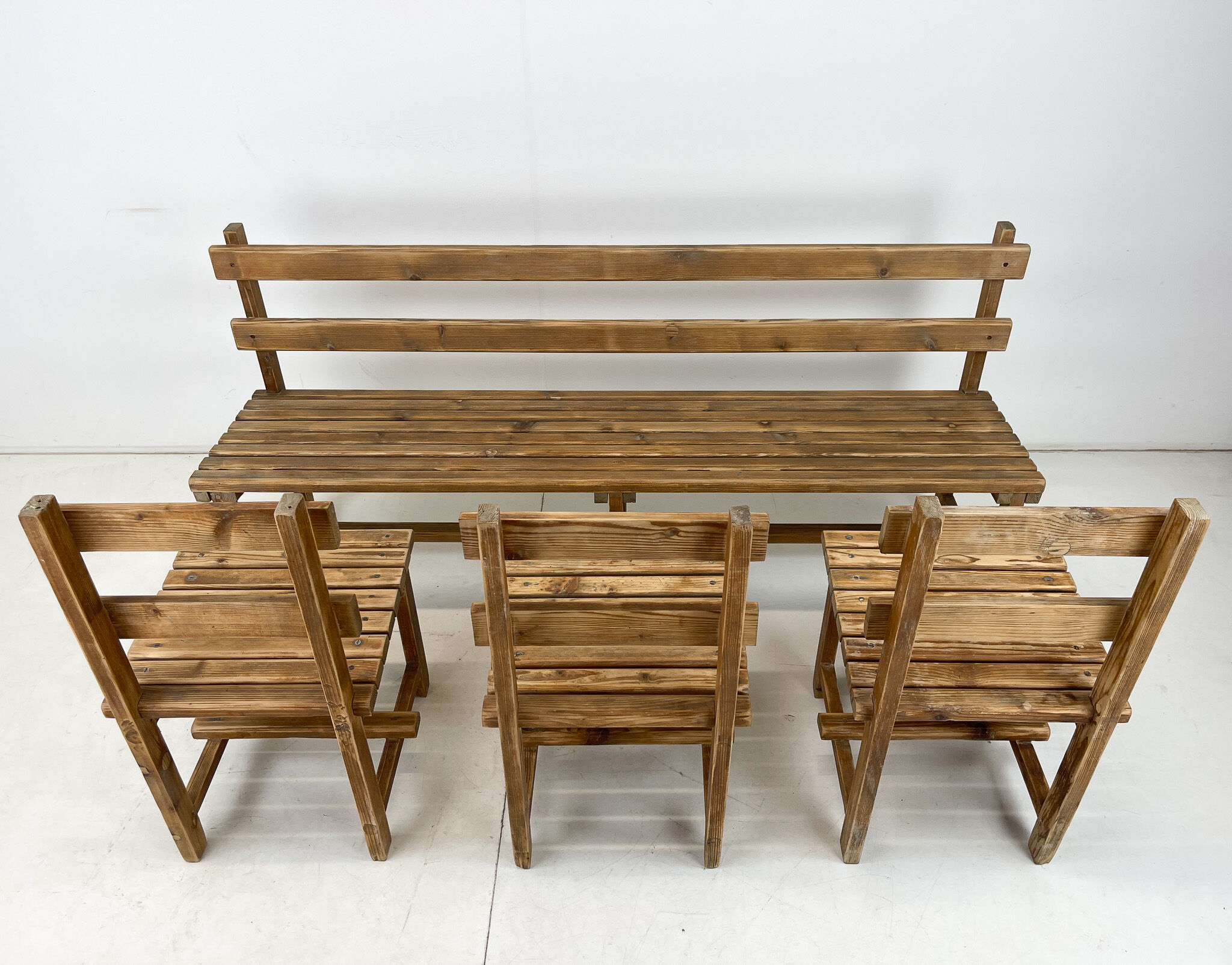 Vintage Wooden Dining Set of Bench & 3 Chairs