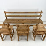 Vintage Wooden Dining Set of Bench & 3 Chairs