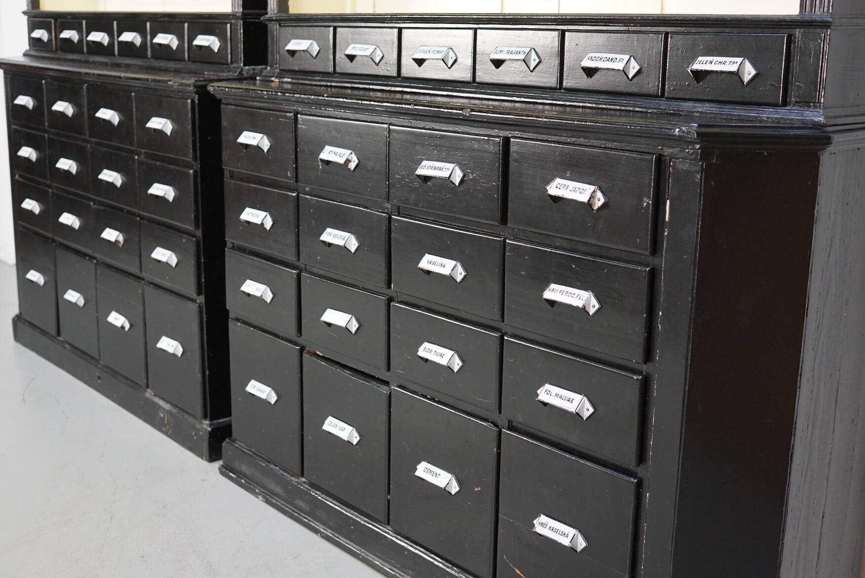 Large pair of antique apothecary cabinets painted black, Eastern Europe, 1910s