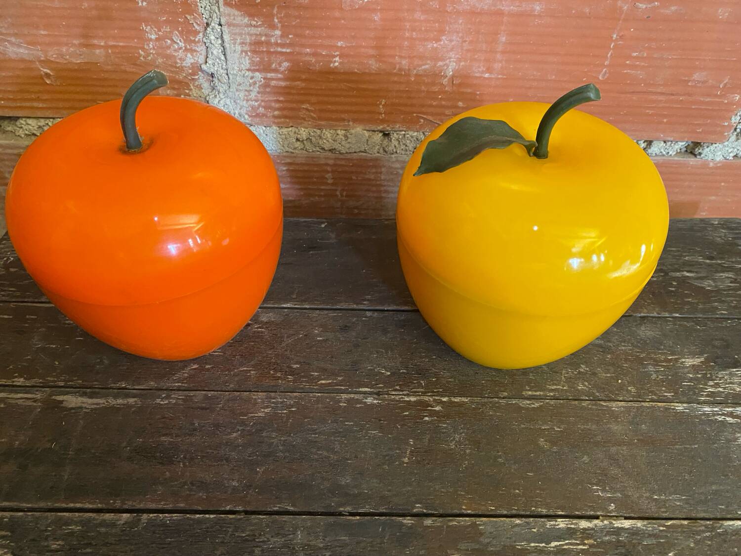 Ice Buckets Apple + Lemon Plastic Orange Yellow 70’s Vintage