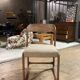 Restored vintage sleigh chairs – solid wood & textured fabric