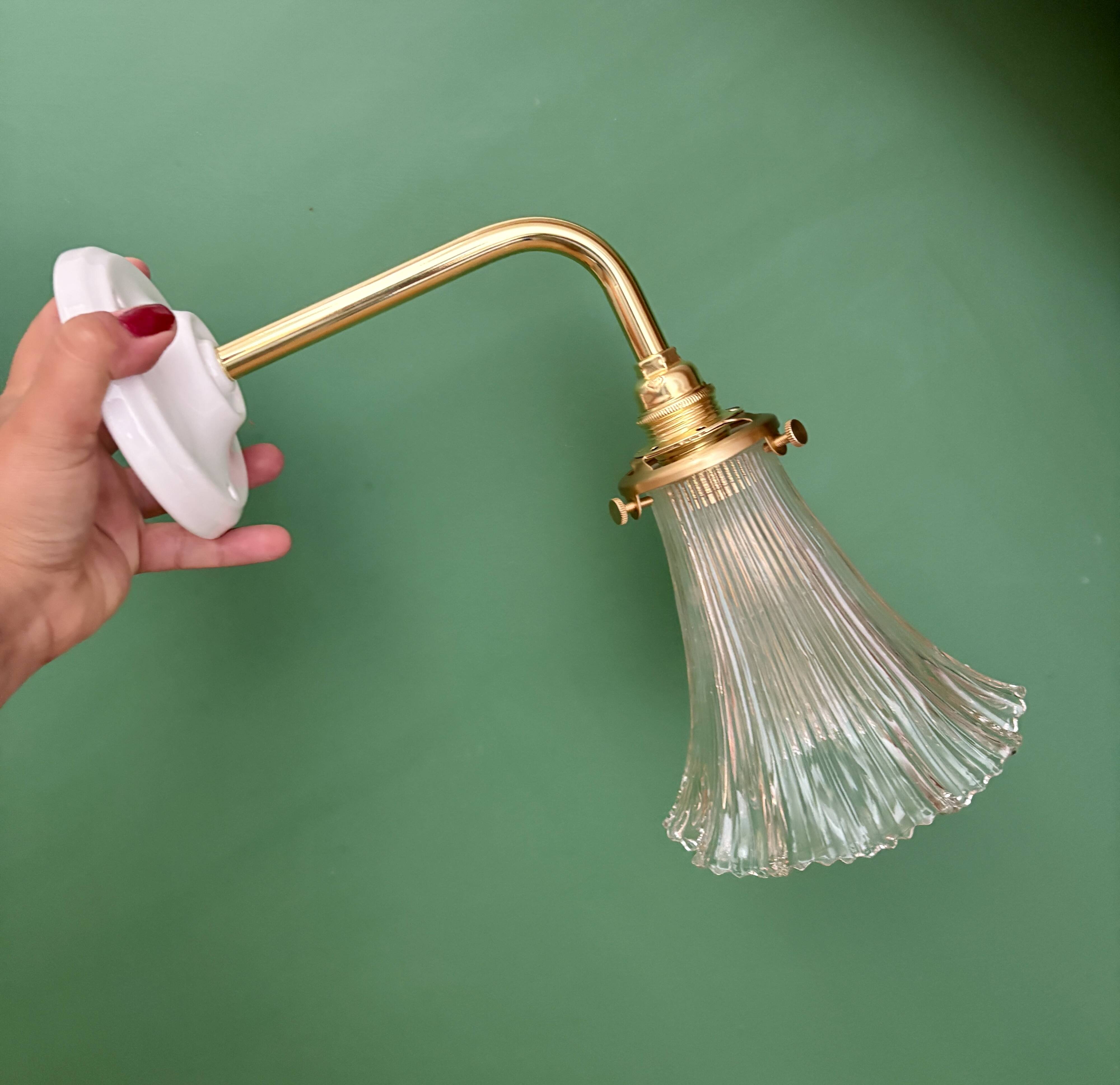 Vintage tulip angled wall light in holophane glass
