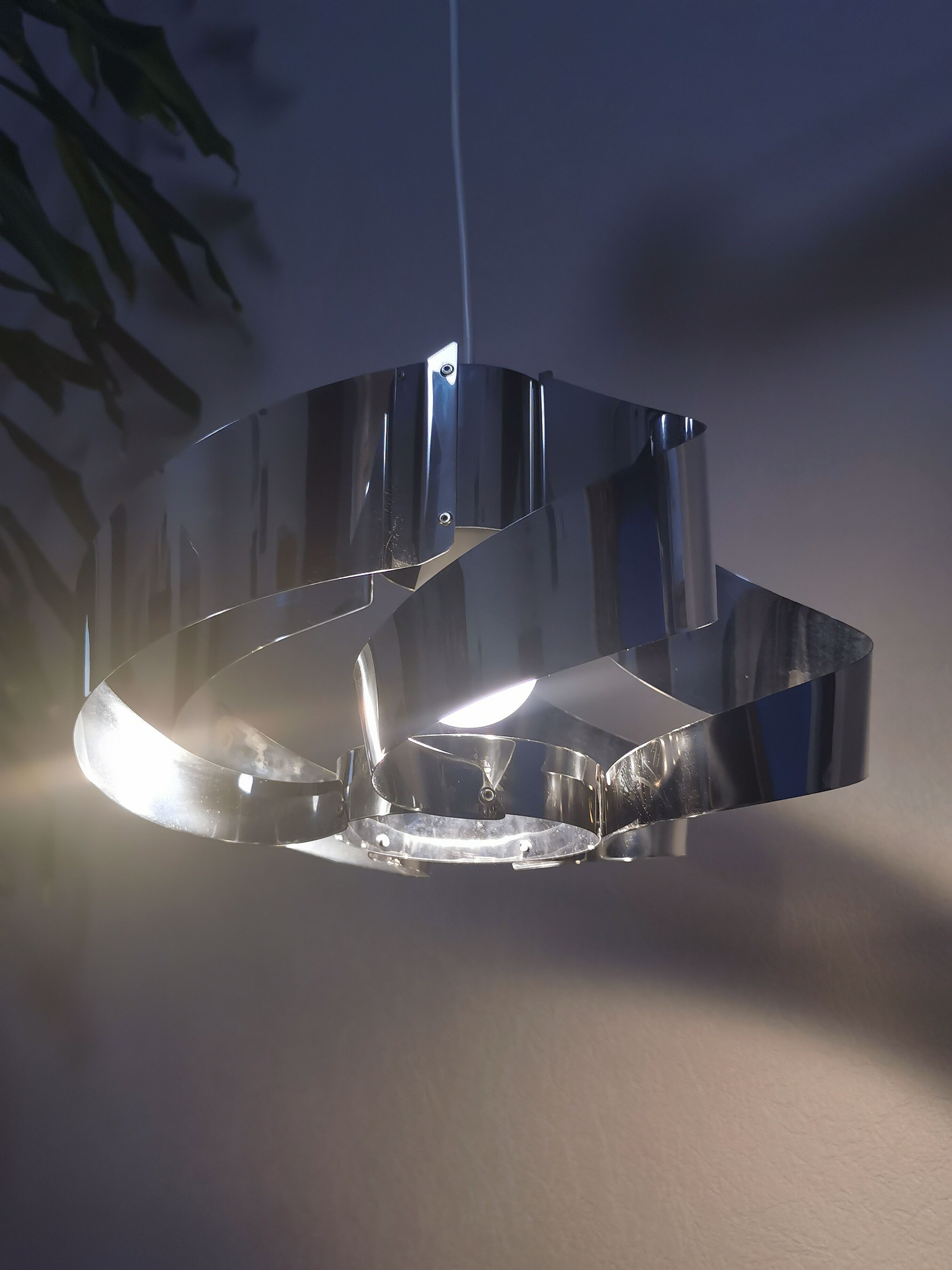 Curved stainless steel hanging lamp, Space Age, 1970