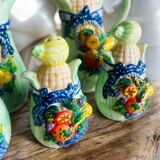 Vintage ceramic condiment set, barbotine: Salt, pepper, sugar, oil and vinegar