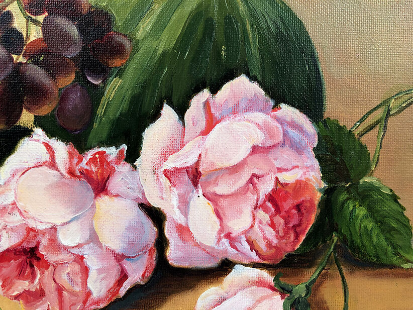 Flowers and fruit, oil on cardboard in 20th century