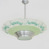 Chandeliers, green glass with floral motifs, art deco ceiling lamp with 1 lights