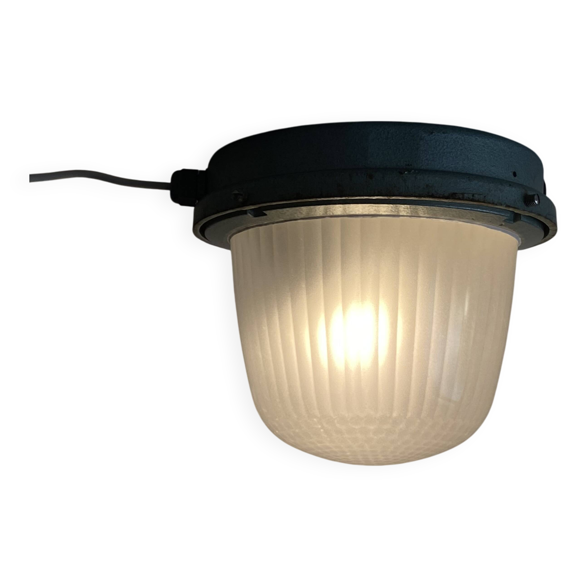 Large porthole wall light Holophane CE 200 glass and cast iron
