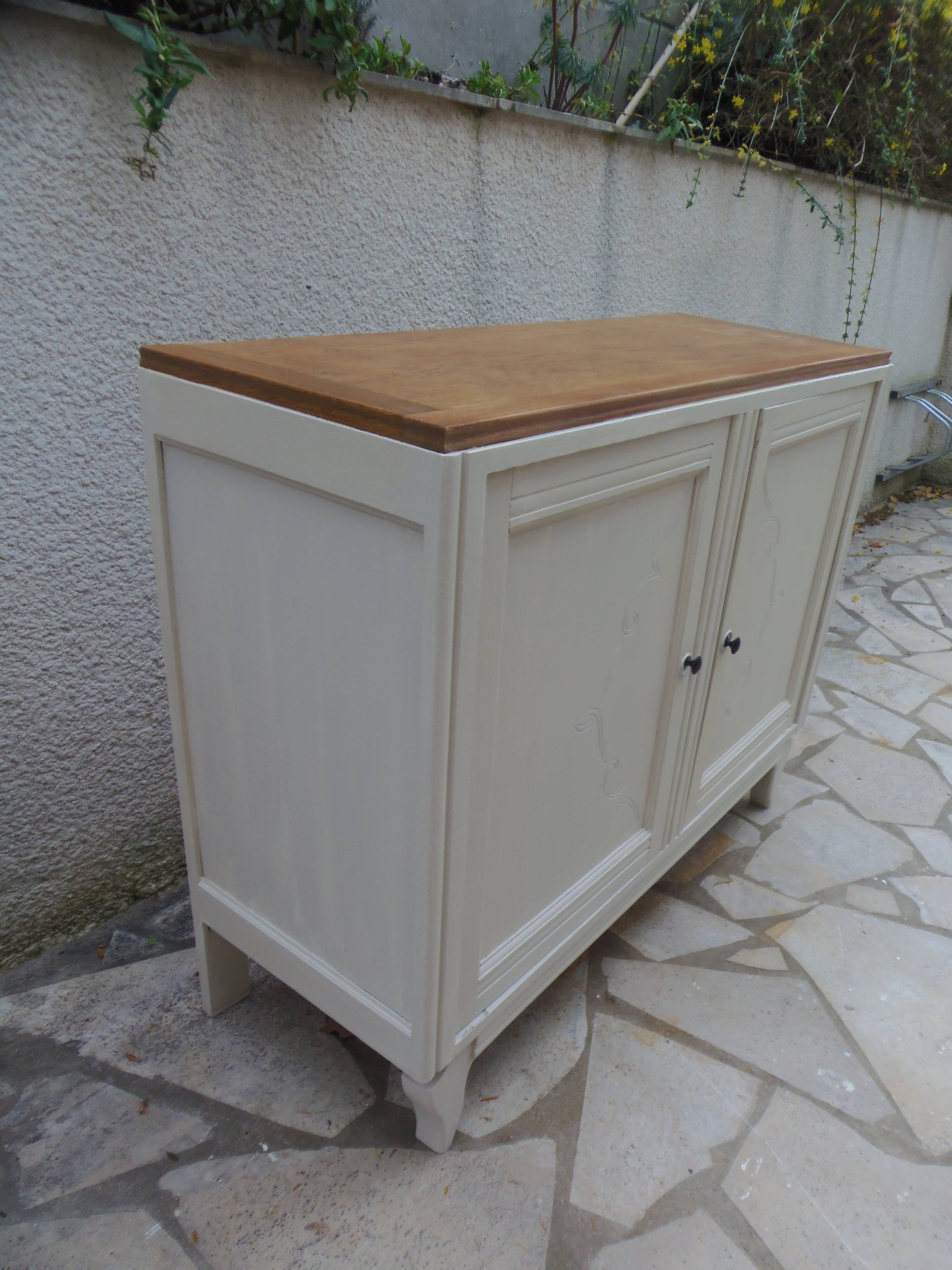 Buffet vintage Beige, plateau chêne.