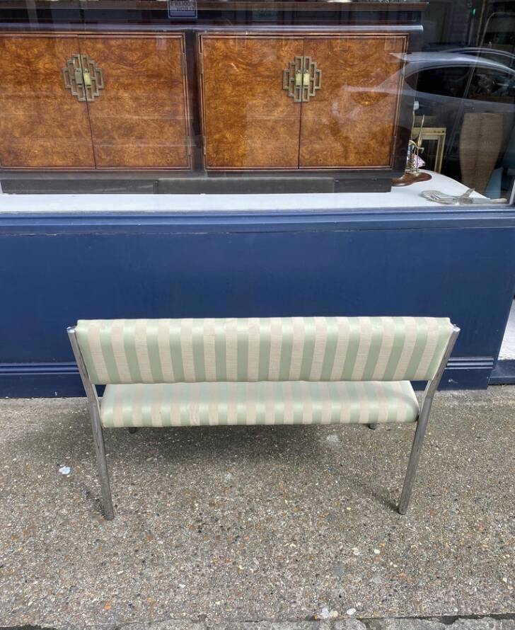 Chrome Bench Green Stripped 1970s Hollywood Regency Modernist Vintage