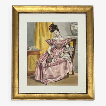 Belle lithographie aquarellée "1830" encadrée : "La Belle Elégante avant le bal"