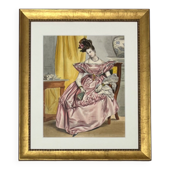 Belle lithographie aquarellée "1830" encadrée : "La Belle Elégante avant le bal"