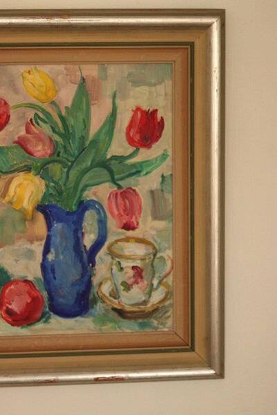 Original mid-century Swedish oil on panel – “Tea” by Karl Enoch Ohlsson – vintage & framed – 56 × 64 cm