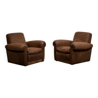 Mickey armchairs by Baxter Italy in Nabuk camel leather, circa 1998