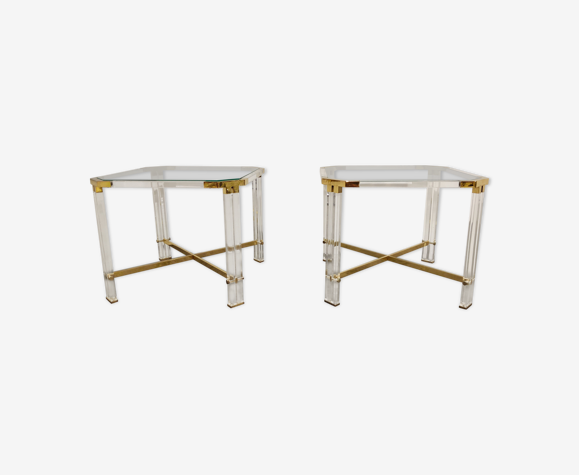 Paire de tables d'appoint vintage lucite et laiton de Charles Hollis Jones, années 1970