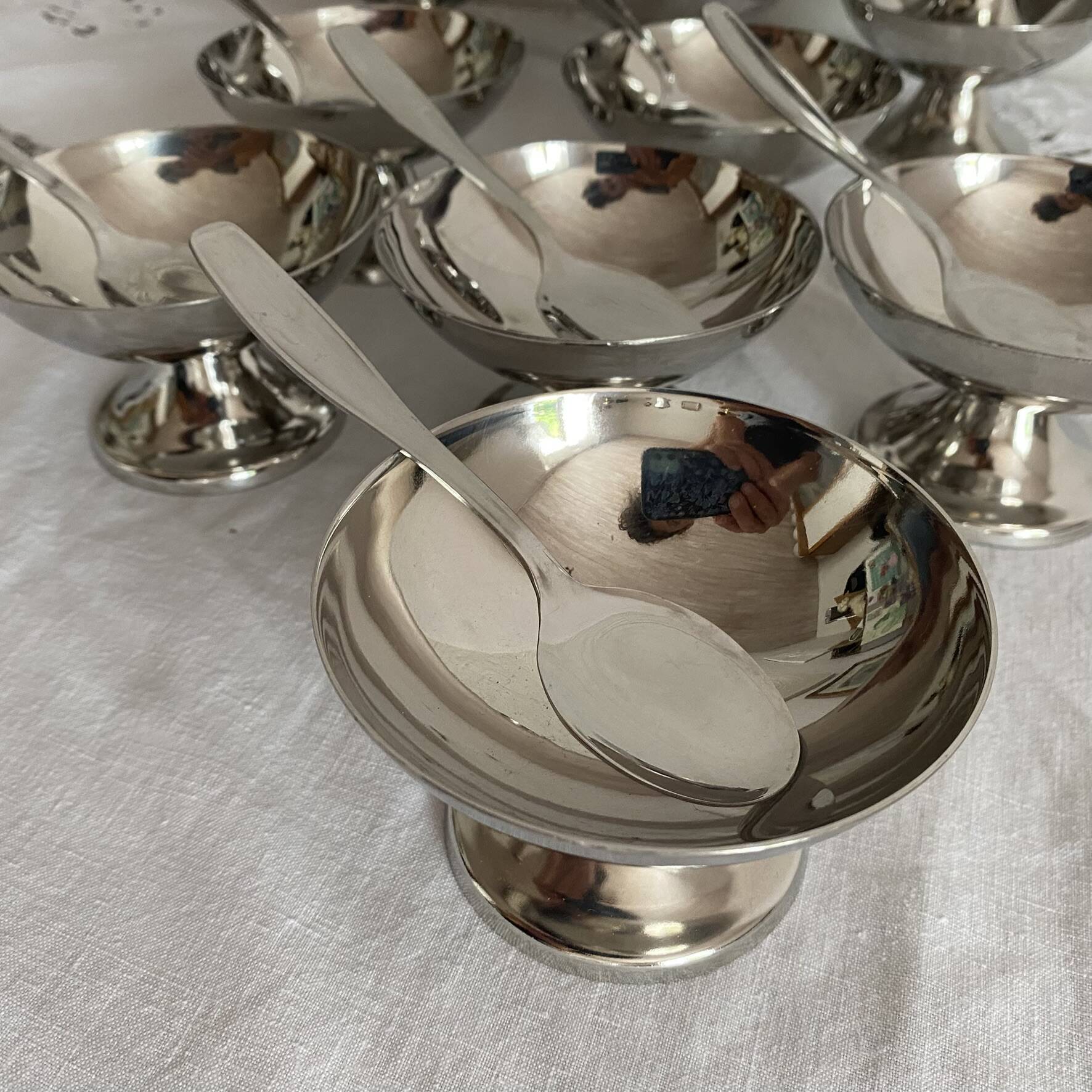 Stainless steel ice cream cups and spoons, 1960s-70s, original boxes.