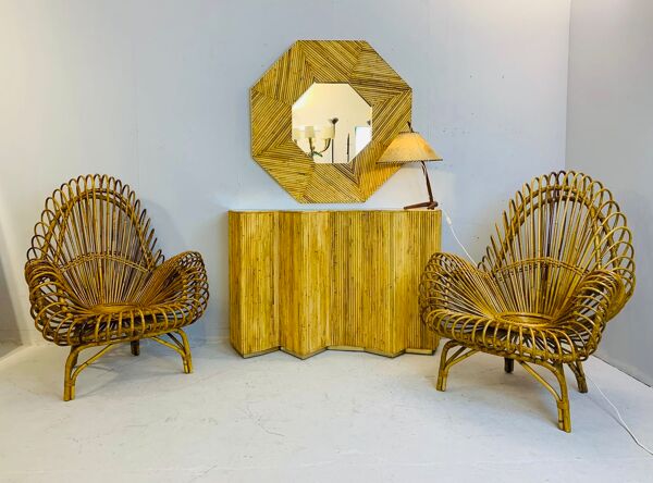 Console contemporaine en verre et rotin, Italie