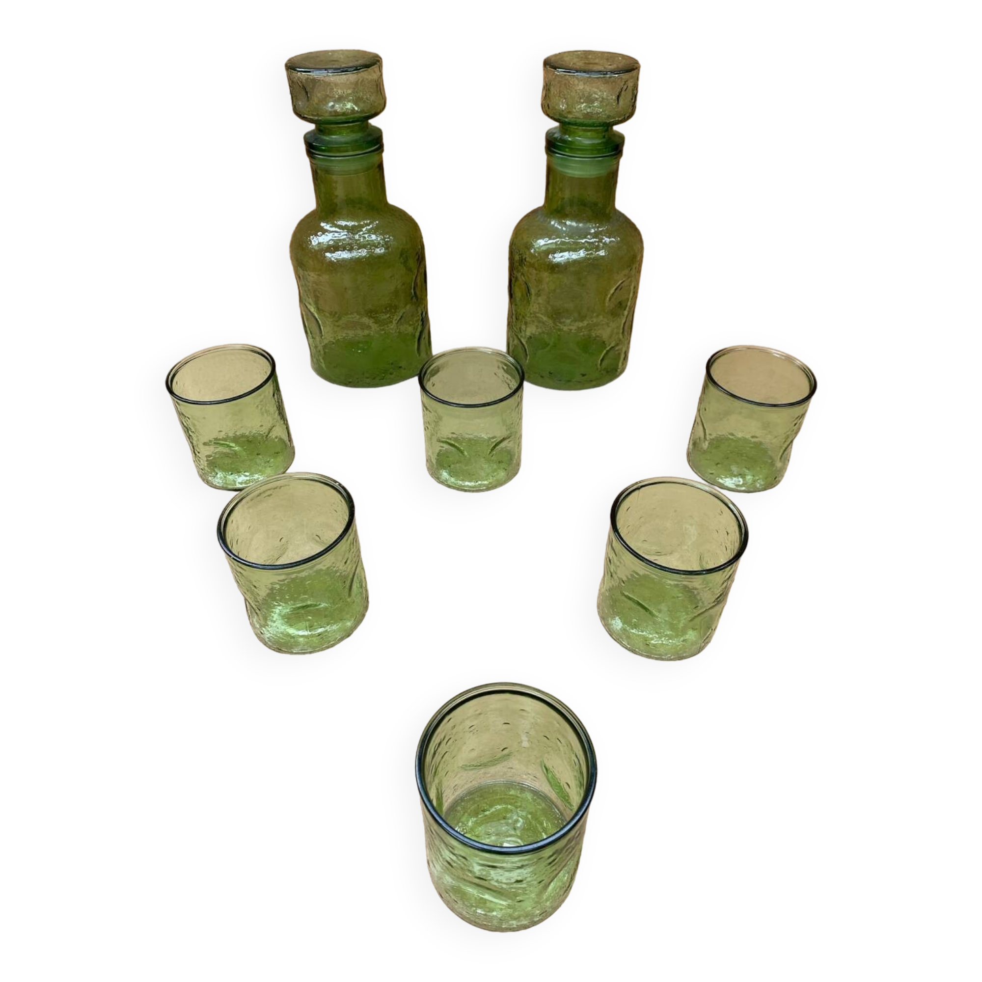 Old Orangeade Carafe Service + 6 Green Molded Glass Glasses 1970 Vintage