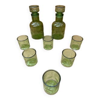 Old Orangeade Carafe Service + 6 Green Molded Glass Glasses 1970 Vintage