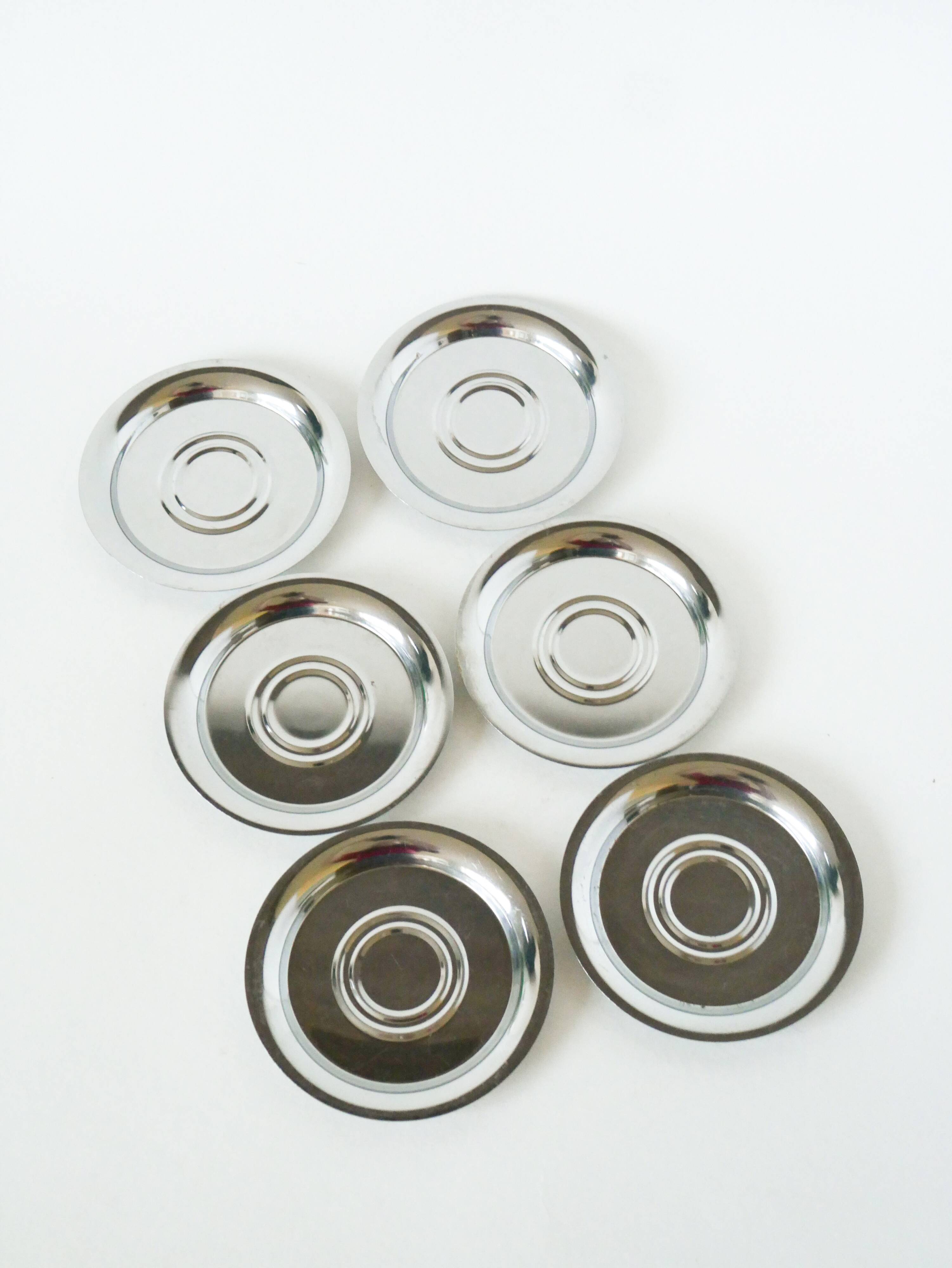 Set of 6 chrome metal coasters, Design, 1970