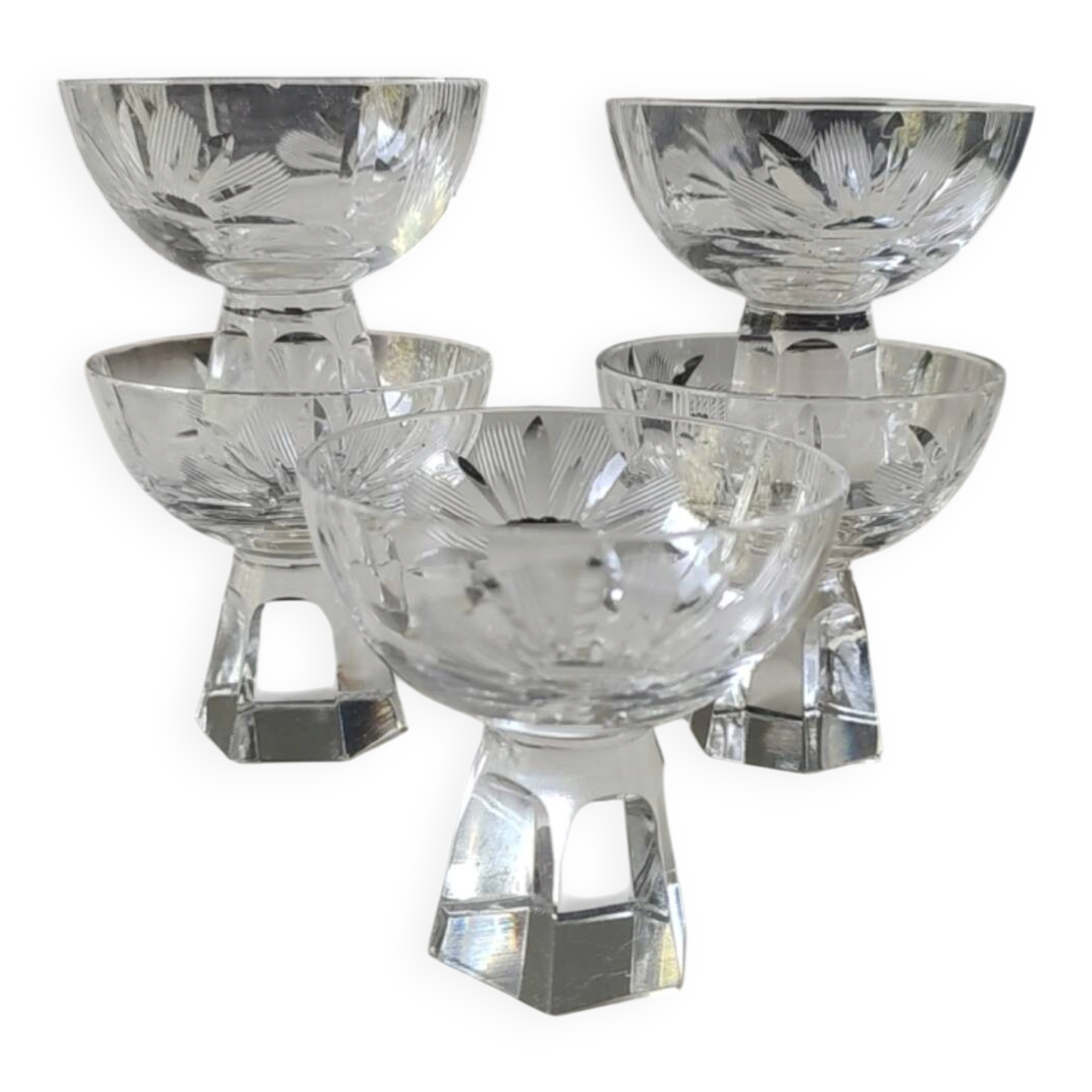 Lot of 5 Small Digestif/Liqueur Glasses. Cut Bohemian crystal. Floral.