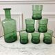 Set of a decanter and 6 glasses colored green bottle 70s