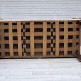 Canapé-lit danois des années 1950, laine d'ameublement rouge/beige, pieds en bois de frêne.