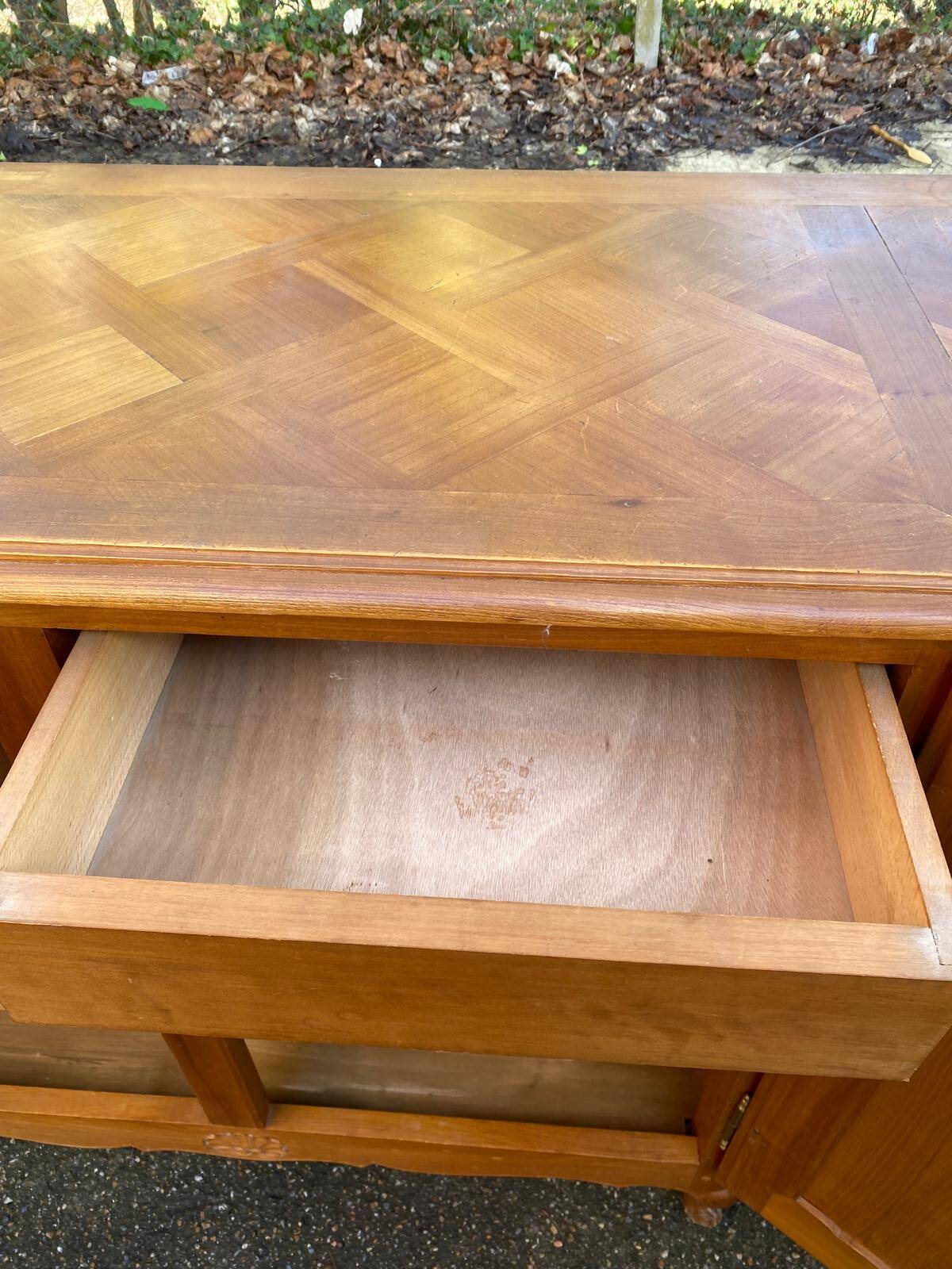 Light solid wood enfilade with Louis XV marquetry from the 20th century, 227cm.