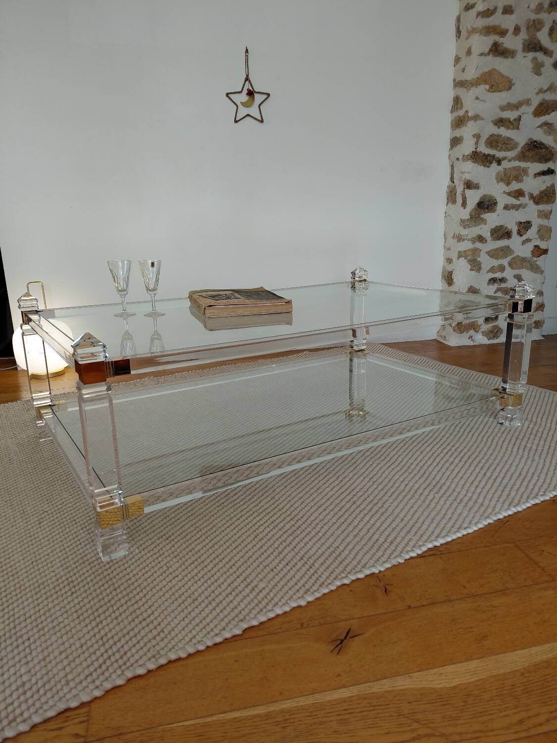 Table XL Laiton massif et Plexiglas-Style Jansen 1970