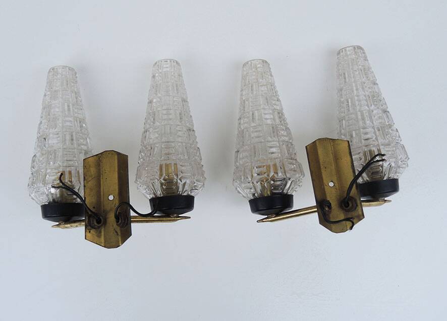 2 old double glass & brass sconces 50s/60s