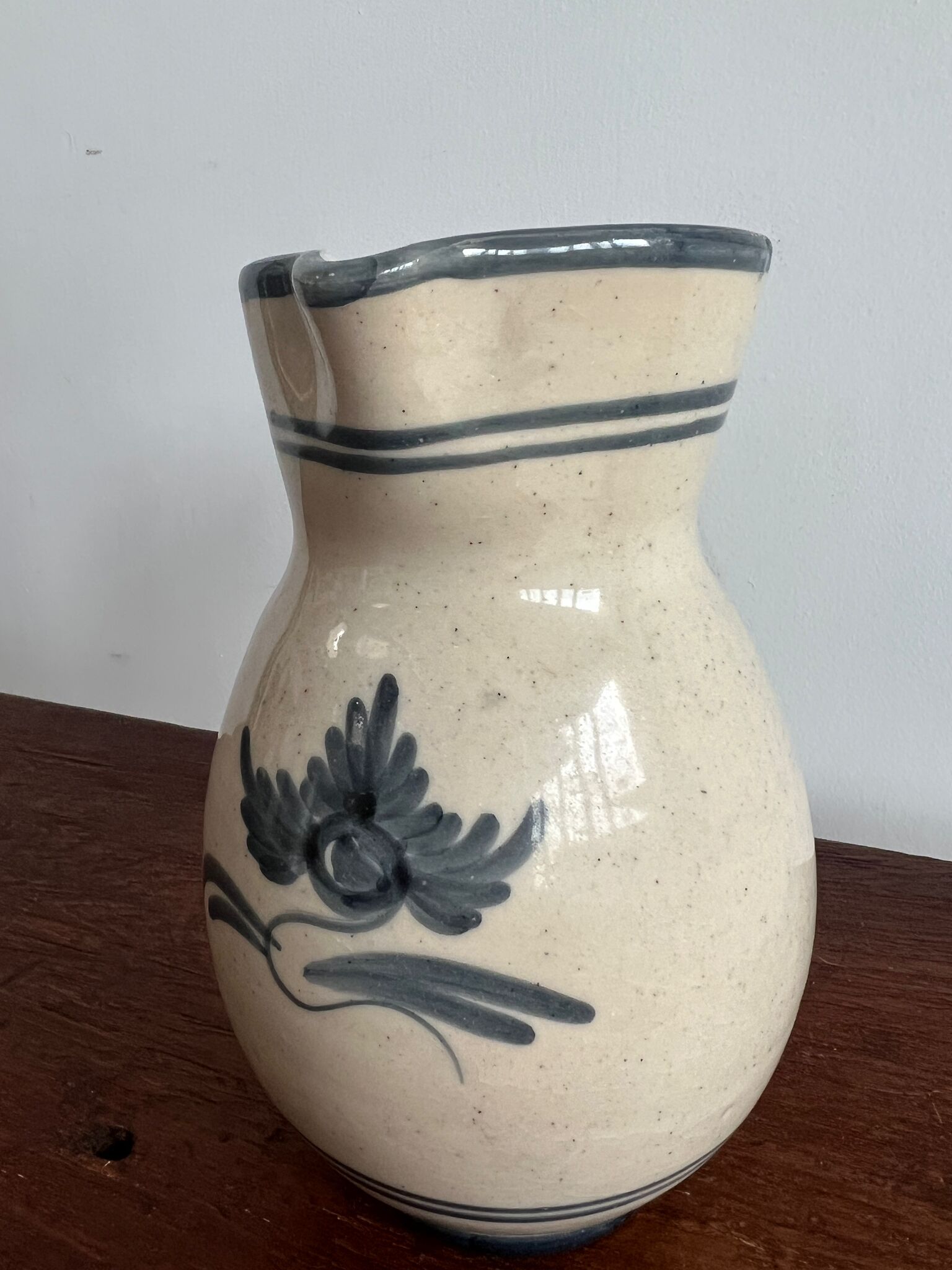 Off-white glossy ceramic decanter, hand-painted gray blue patterns H:20cm