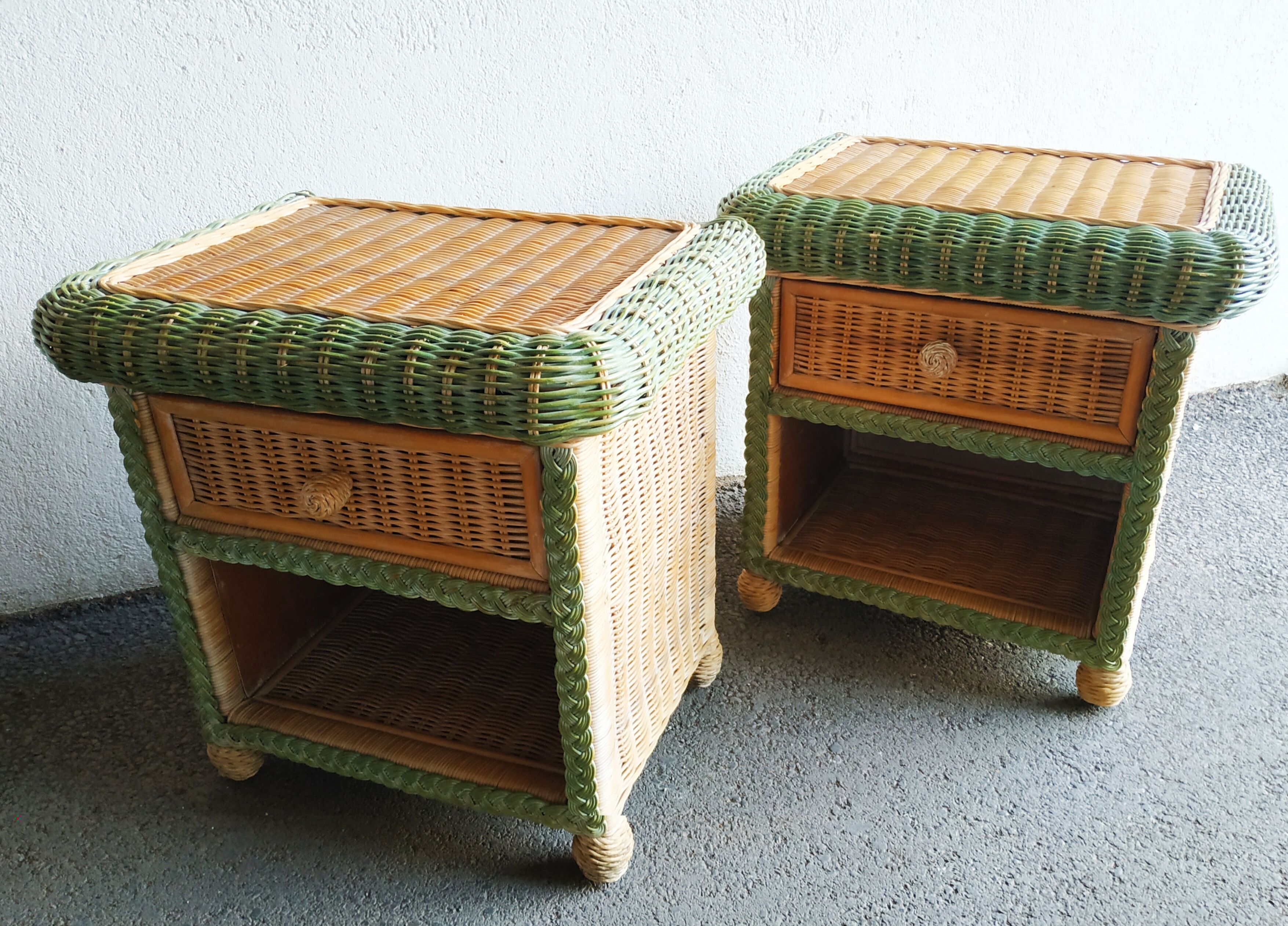 Pair of rattan and wicker bedside tables, 70s
