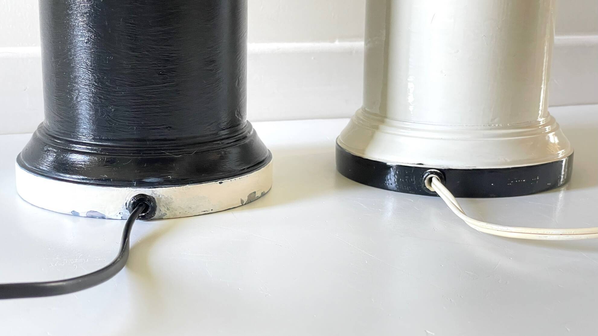 2 large black and white turned wood vintage lamp bases.