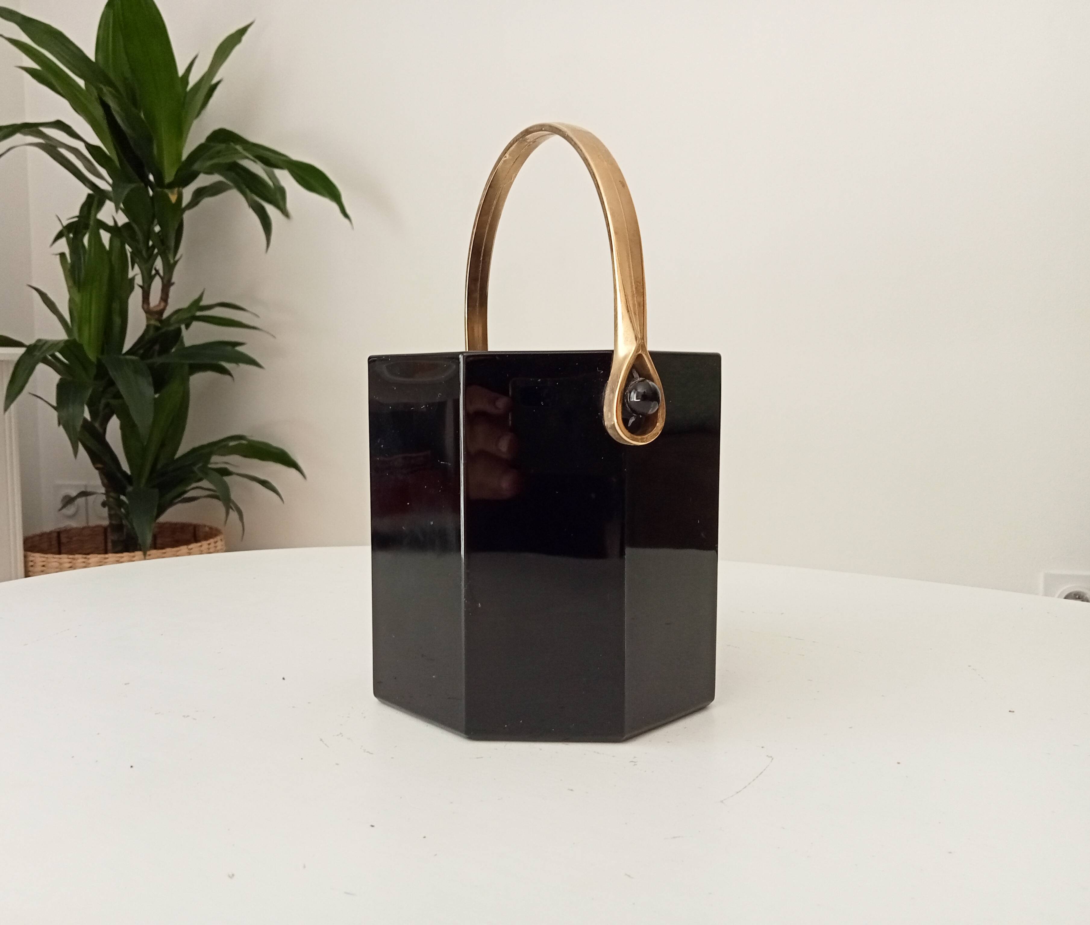 Art Deco ice bucket in black opaline and gilded brass