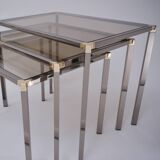 Tables gigognes vintage en métal plaqué ou et verre graphite chrome par Kesterport pour Harrods 1980 Royaume-Uni
